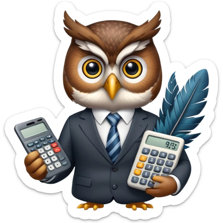 Twilio owl wearing finance outfit with business suit and tie, holding calculator sticker