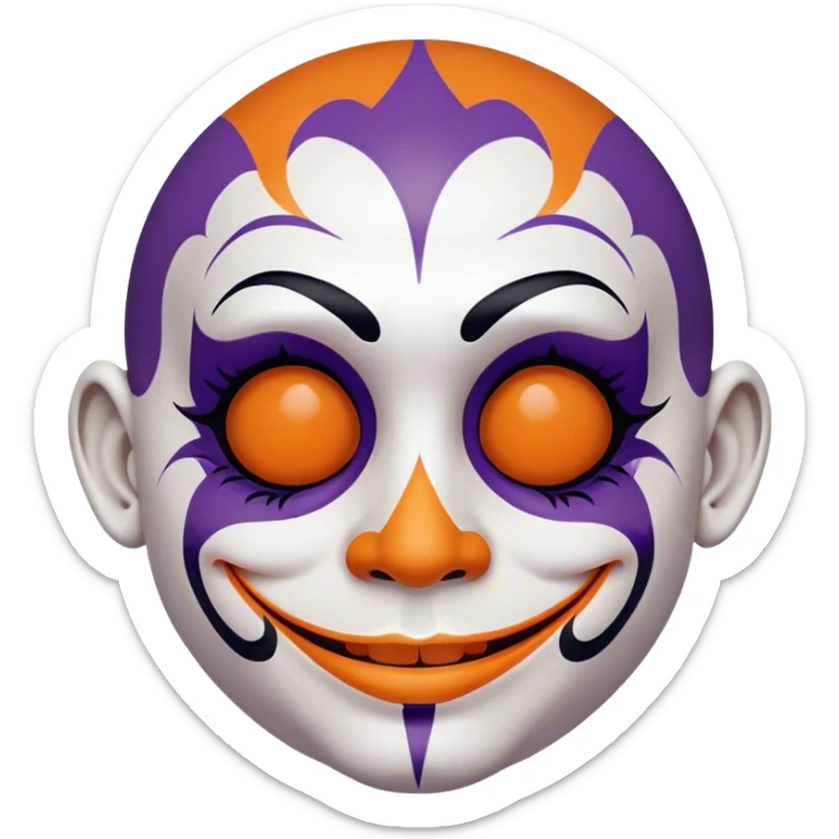 Juggalo smiley face that is Perfectly round and hairless with white skin and elaborate but symmetrical lined face paint that is orange outlined in dark purple sticker