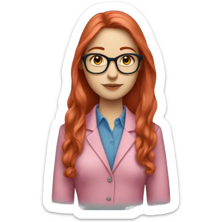 White-girl-with-long-hair-red-head-eyes-blue-wearing-glasses-blouse-formal-pink sticker