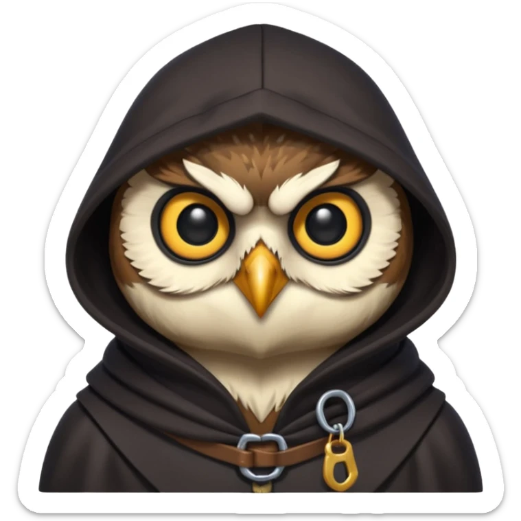 thief owl portrait, head and shoulders only, mysterious eyes, dark hood collar, silent night burglar vibe, 3D cartoon, mobile game icon style, clean background, no text, no watermark
 sticker