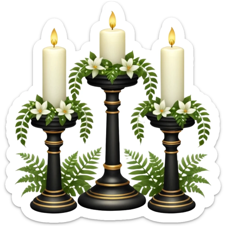 Aesthetic scenic beautiful gorgeous pretty elegant sparkly shiny scene of Candles white and with flowers and marble pedestals and lush vines and ferns sticker