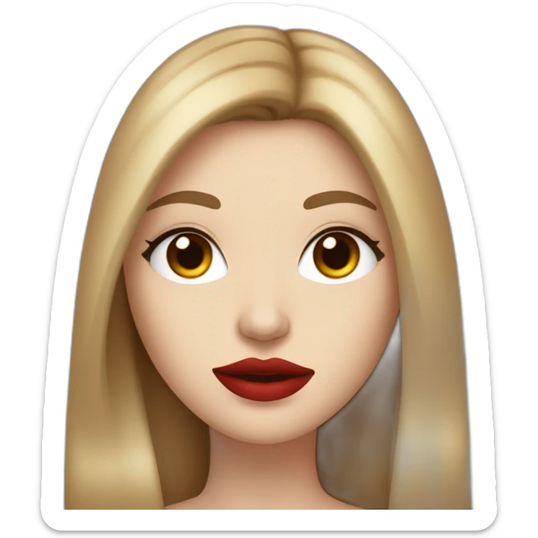 straight long brown hair,red lipstick,black eyes, white skin and a small nose sticker