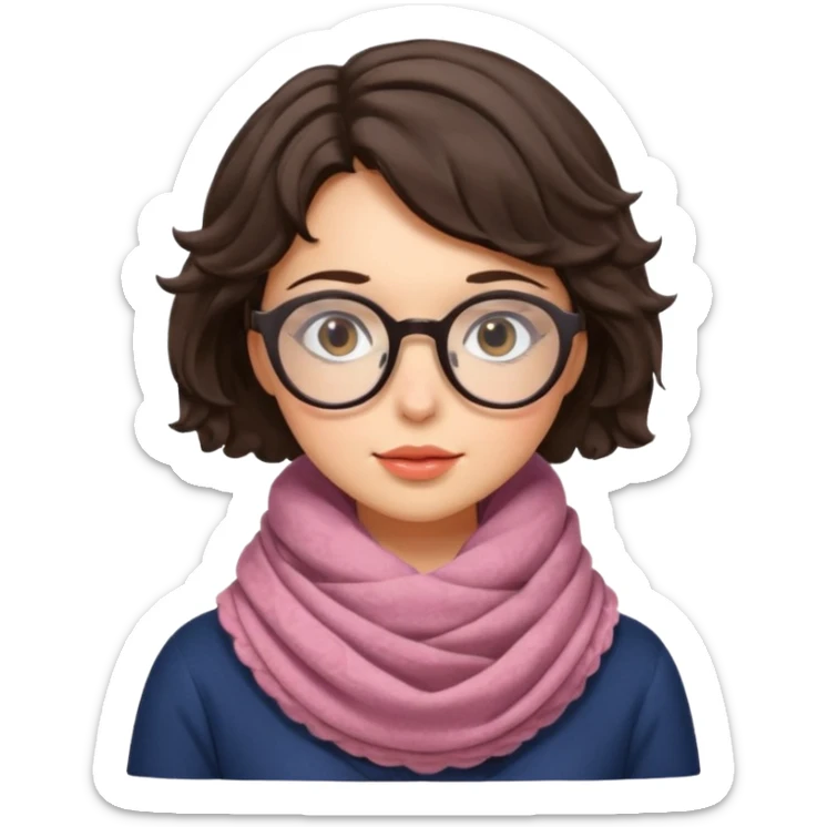 A shy brunette hair wavy short hair woman with big round glasses and thick scarf, blushing from the cold. sticker