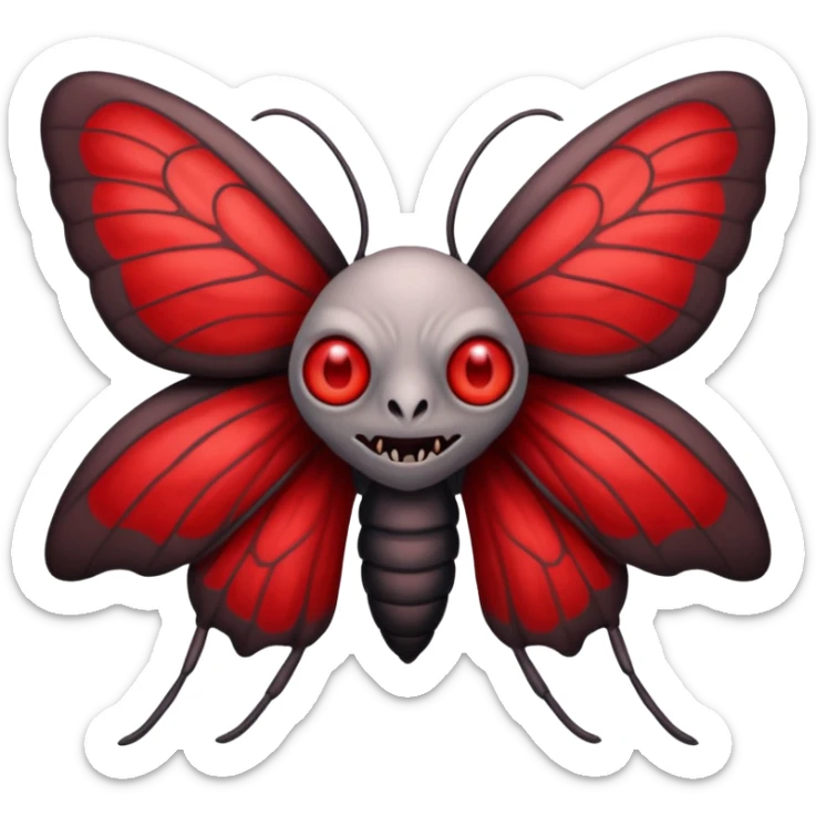 Create a scary emoji of the Mothman from point plesant west virginia with bright red eyes and as depicted in the legend. Make it less bird like and more Moth / Human hybrid sticker