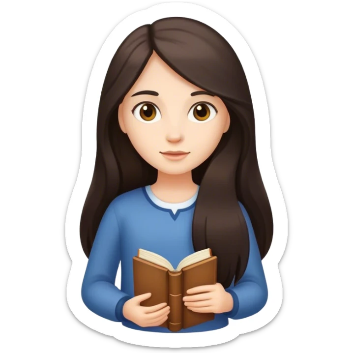 girl with fair skin and long dark hair holding a  book sticker