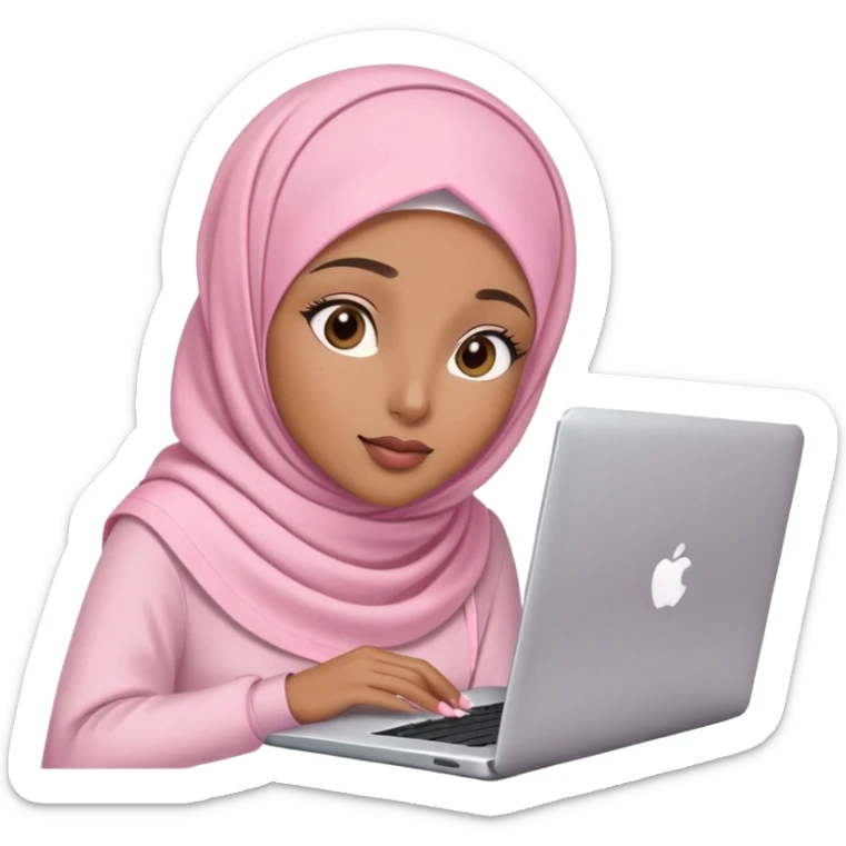 Light brown skin woman wearing light pink hijab with natural makeup, long eyelashes and lip gloss working behind laptop sticker