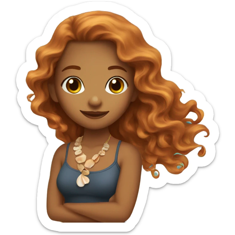 beach lady, long wavy ginger hair, brown skinned, sea shell necklace, brown eyes,  sticker