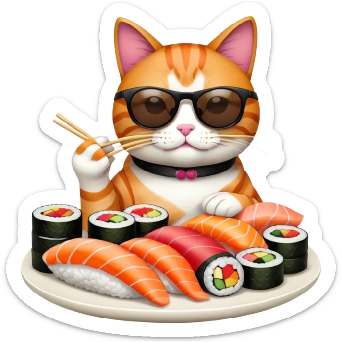 cool cat wearing sunglasses eating a big pile of colorful sushi pieces, stylish cat enjoying sushi sticker