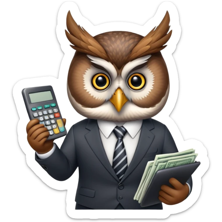 Twilio owl wearing finance outfit with business suit and tie, holding calculator sticker