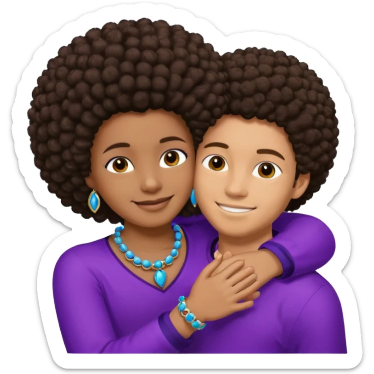 Tan male with short brown hair, smiling and hugging, black African girl with Afro in purple clothes with blue jewelry sticker