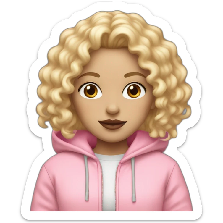 Girl with a White skin and curly blond hair and pastel pink hoodie and lipstick pink  sticker