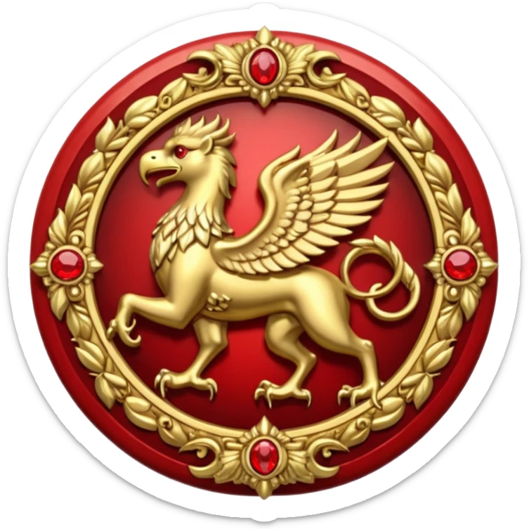 Golden griffin crest / brosch in a circle with red gems sticker