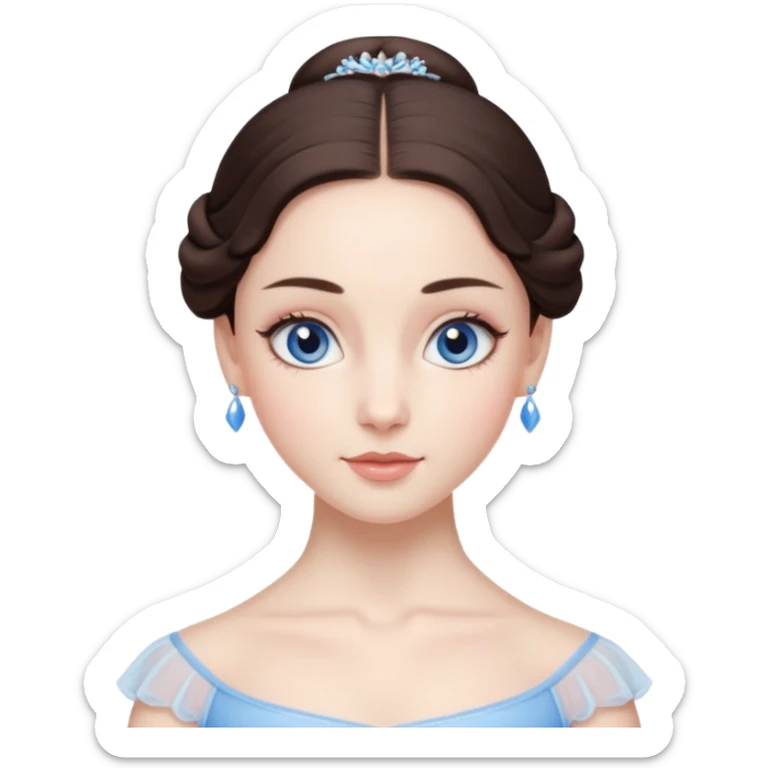 Realistic Ballerina Portrait, with porcelain-like skin featuring a natural rosy flush, illuminated by soft lighting that highlights the gentle contours of her face. Her Brunette hair flows in soft.Her deep blue eyes radiate framed by arched brows and long lashes. sticker