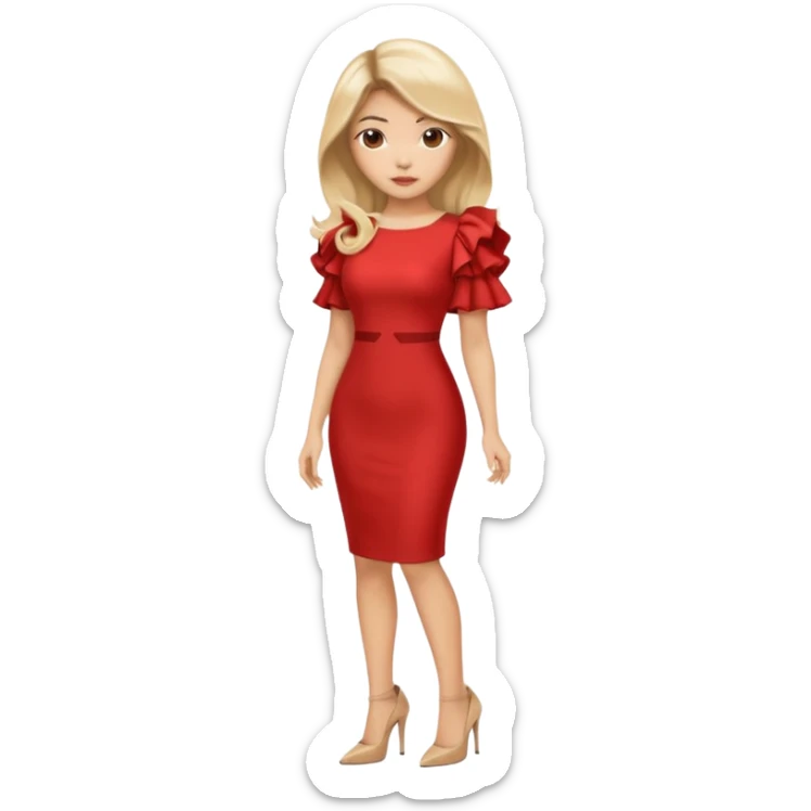 An Asian Lady with Voluminous balayage hair, blonde highlights in a red dress and beige heels  sticker