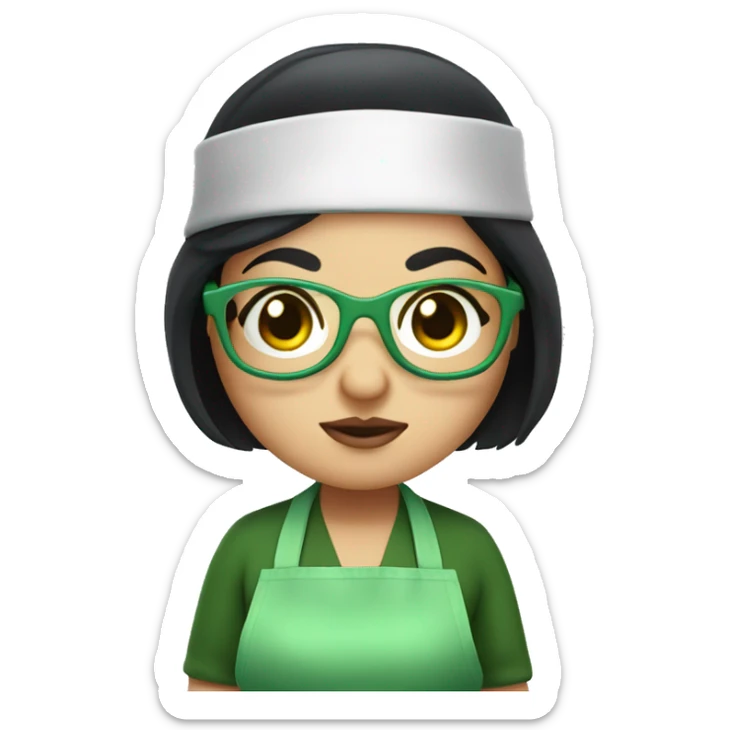 chubby lady with black hair and big eyes green apron  with glasses cooking  sticker