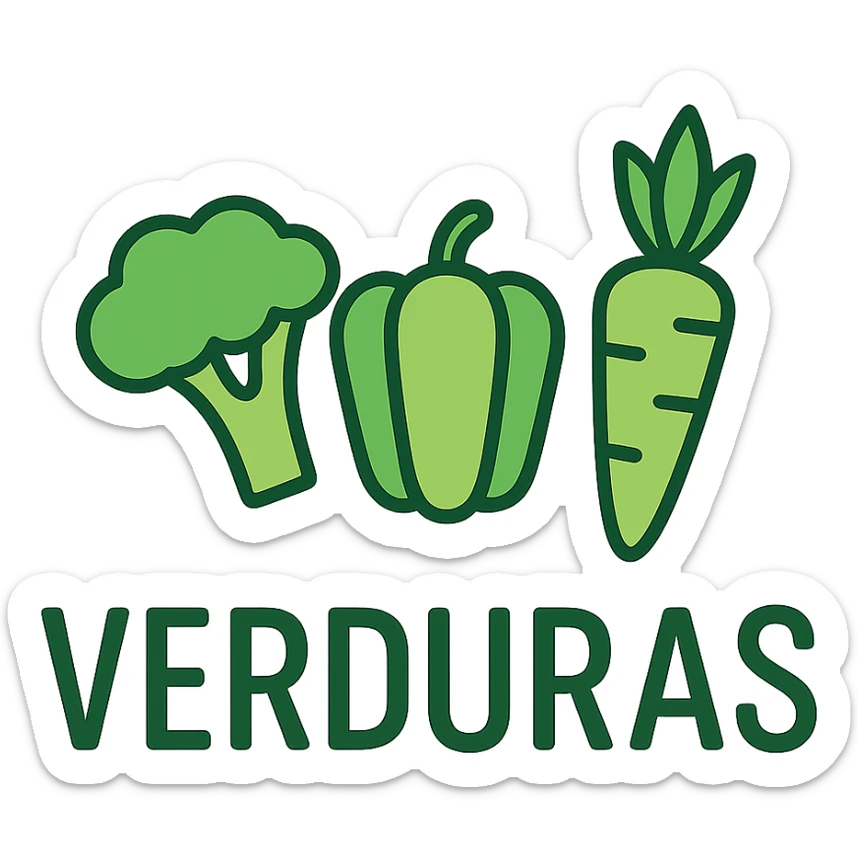 the word VERDURAS in a clean sans-serif font with a green color palette and a stylized vegetable icon above the letter V sticker