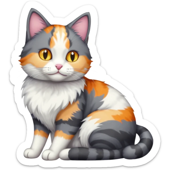 full body dark grey and white cat cuddling a colourful light patched calico + white tabby cat  sticker