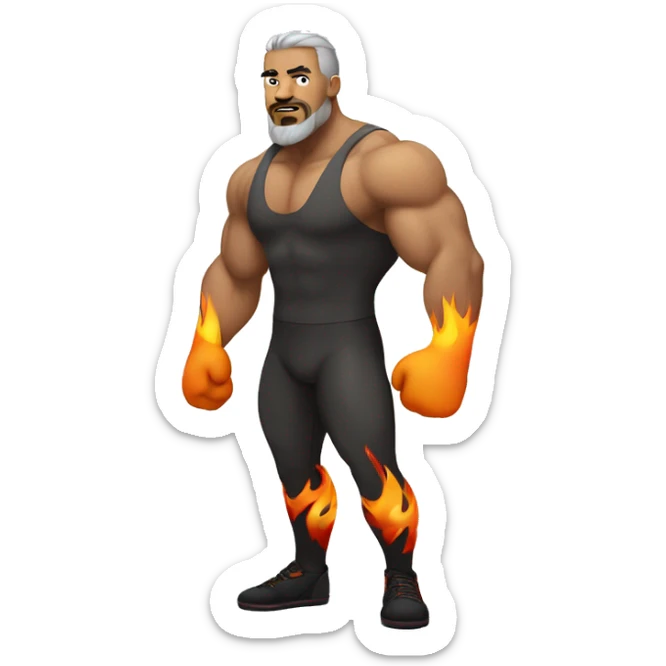 wrestler with brownish gray hair, goatee, flames on tights, muscular build sticker