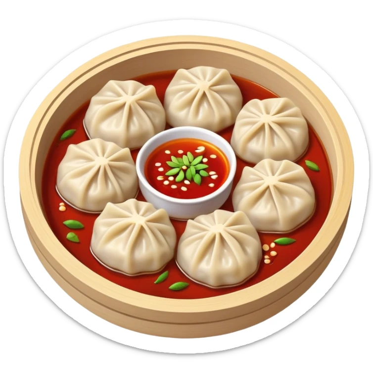 Chongqing Zhong Dumplings with red chili oil sauce, simplified emoji style with bold outlines and bright colors, cartoon style Sichuan spicy boiled dumplings sticker