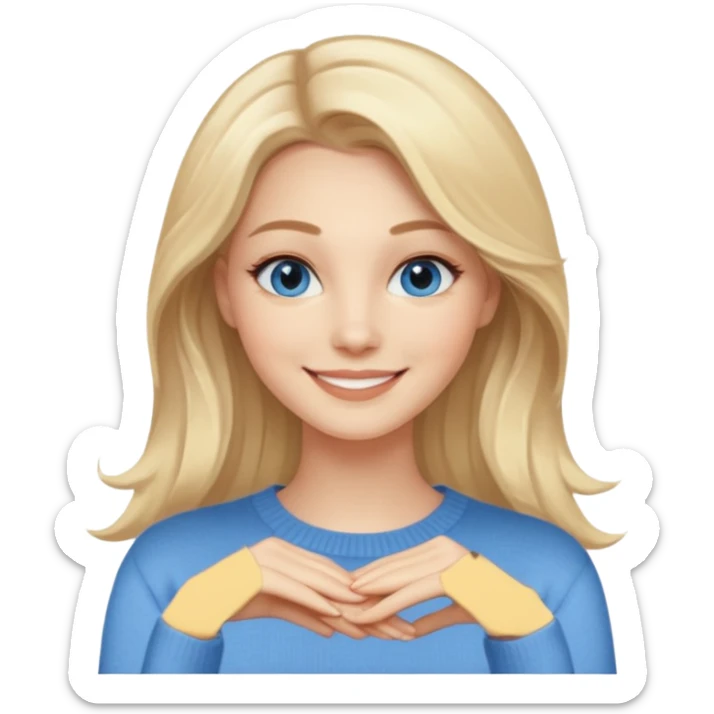 hyper realistic glamourous pale woman, Long blonde balayage hair, smiling, beige sweater & blue eyes sticker