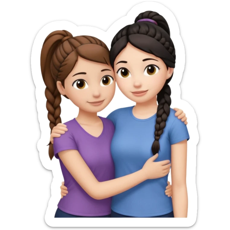 Comforting Hug two white skin women, one shorter woman with brown hair in simple top ponytail, not braided, and one taller woman with black hair in long side braid sticker