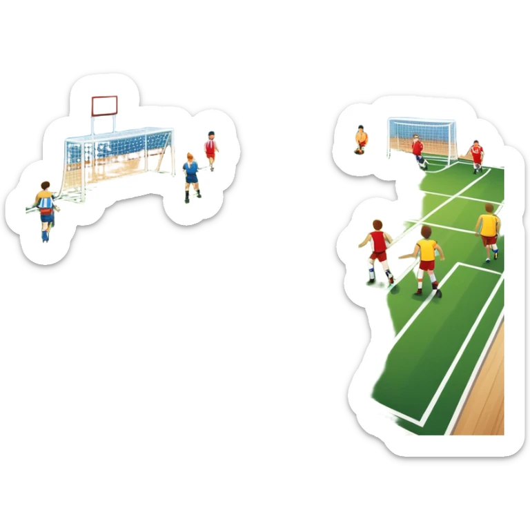 A mini-football match in an indoor sports hall with wooden flooring and clear field markings. The scene shows a vibrant game in action, with players positioned on the court, the goalposts visible, and the atmosphere filled with energy and focus. sticker
