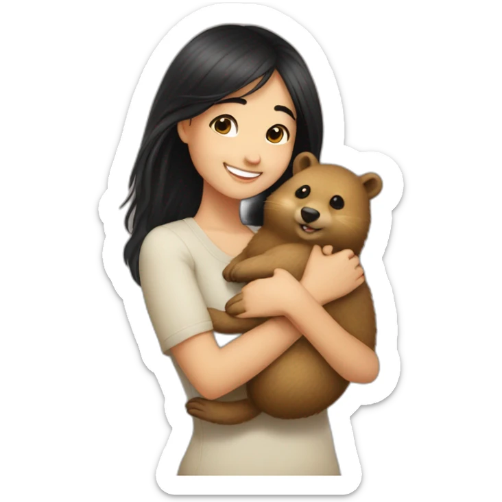 happy-girl-who-is-black-hair-and-hugging-happy-quokka sticker