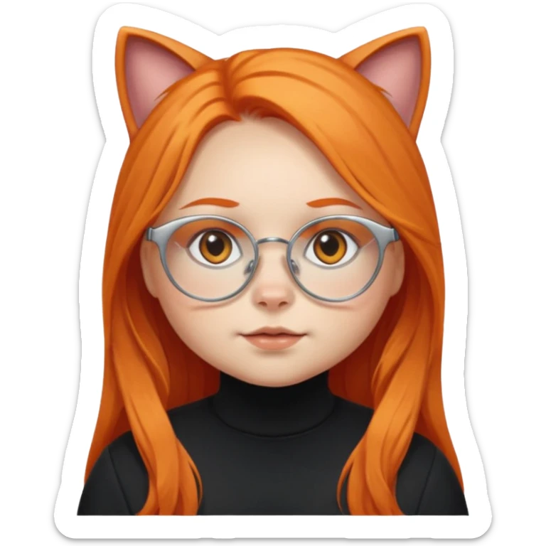 girl with chubby cheeks, very long orange hair, and silver cat-eyed glasses. B lack clothes.  sticker