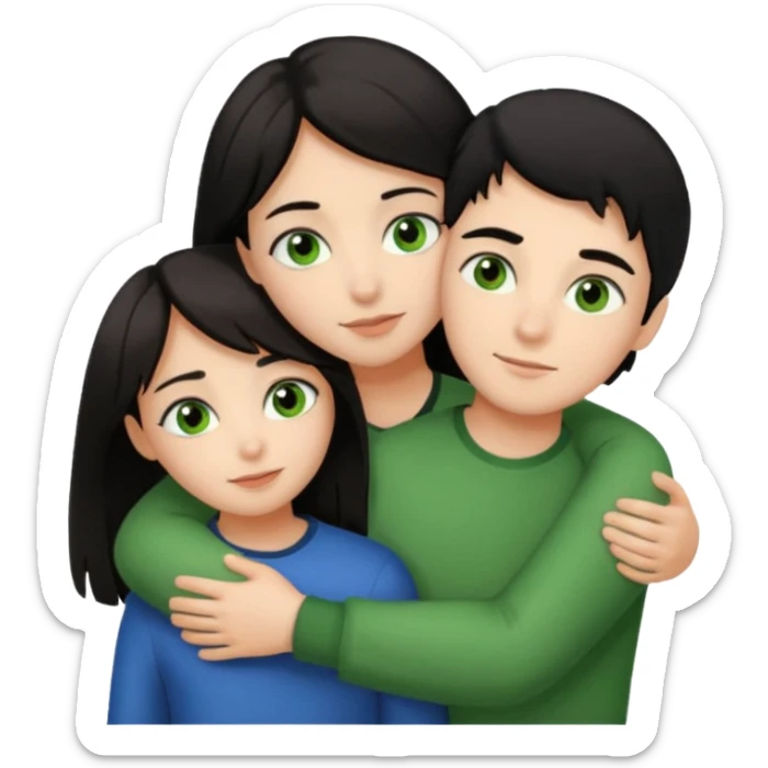 Girl with brown eyes and black hair hugging a boy with green eyes and brown hair sticker