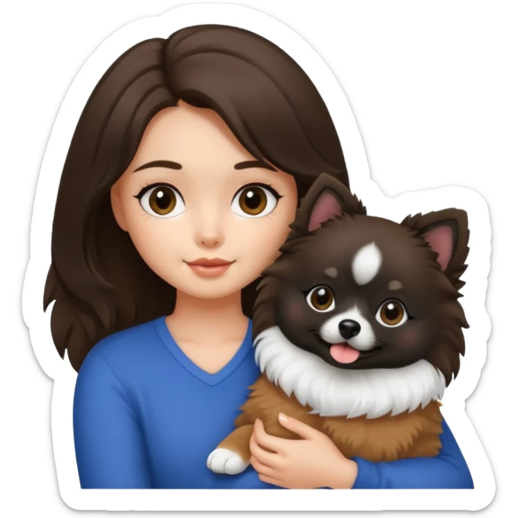 A brunette girl holding a Pomeranian dog who has black face but in the middle it’s white line sticker