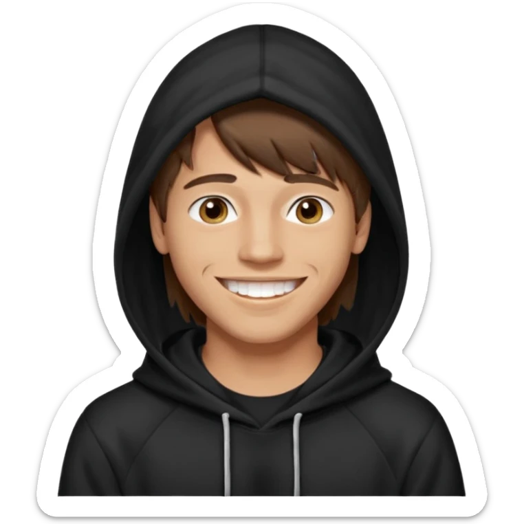 20 yr old man, brown hair, straight, big smile, white teeth, tanned skin, bangs, black hooded sweatshirt, long hair in back, center-parted bangs sticker