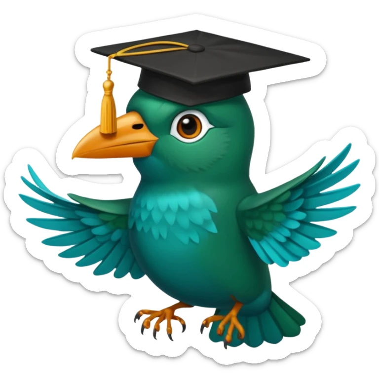 Un COLIBRÍ con birrete de graduación y que el colibrí sea turquesa oscuro, que este se vea bastante realista  sticker