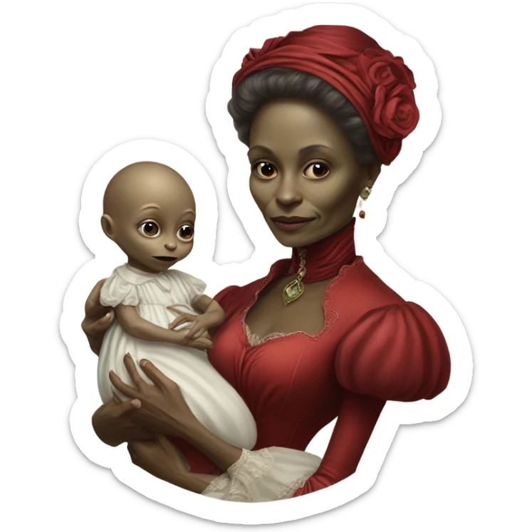  Reptilian alien woman , full body, in victorian red elegant dress , holds a newborn white humman baby sticker