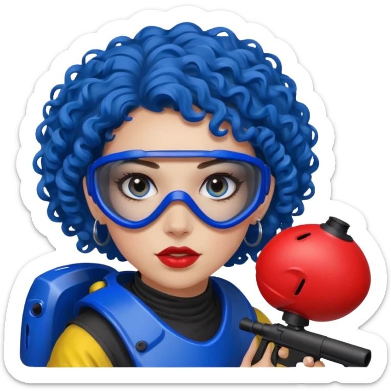 blue curly girl with huge earrings playing paintball with red paintball helmet with eye protection, only face  sticker
