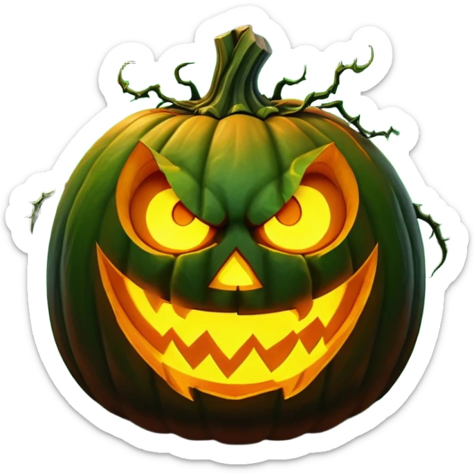 Create an emoji of a carved pumpkin with glowing eyes and a wicked grin. The pumpkin should be glowing from the inside, with shadows creeping out. Make the pumpkin look ominous and menacing, with green tendrils wrapping around it. The face of the pumpkin should appear evil, with exaggerated jagged teeth, and there should be dark smoke rising from its top. sticker