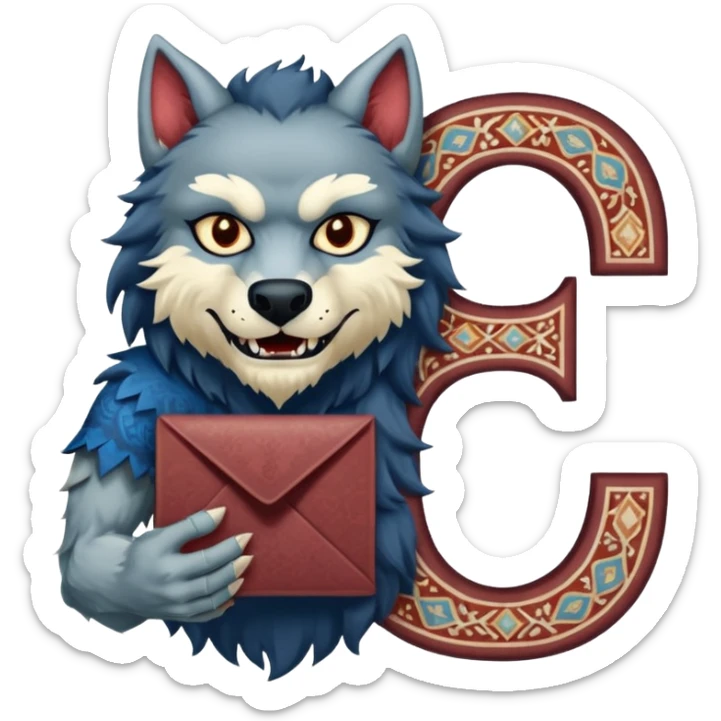 a werewolf hand holding the letter c make the c made out of persian carpet texture sticker