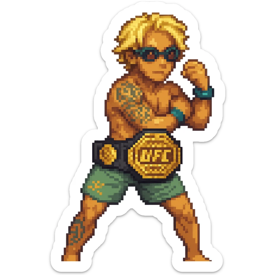 Add a UFC championship belt around the character's waist in pixel art style, keeping the pixel art aesthetic consistent. sticker