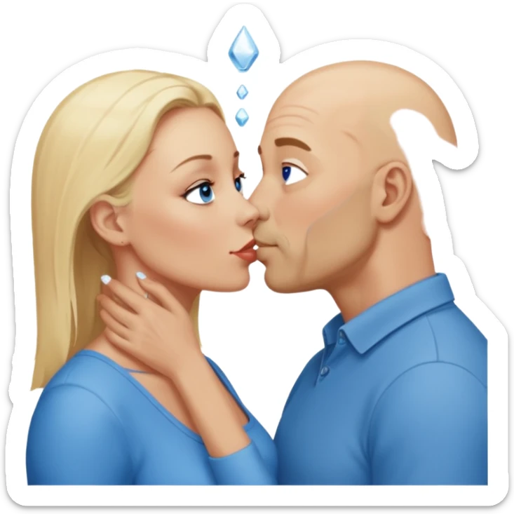 middle age bald man with salt and blonde scruff, blue eyes and blonde woman with blue eyes kissing each other sticker