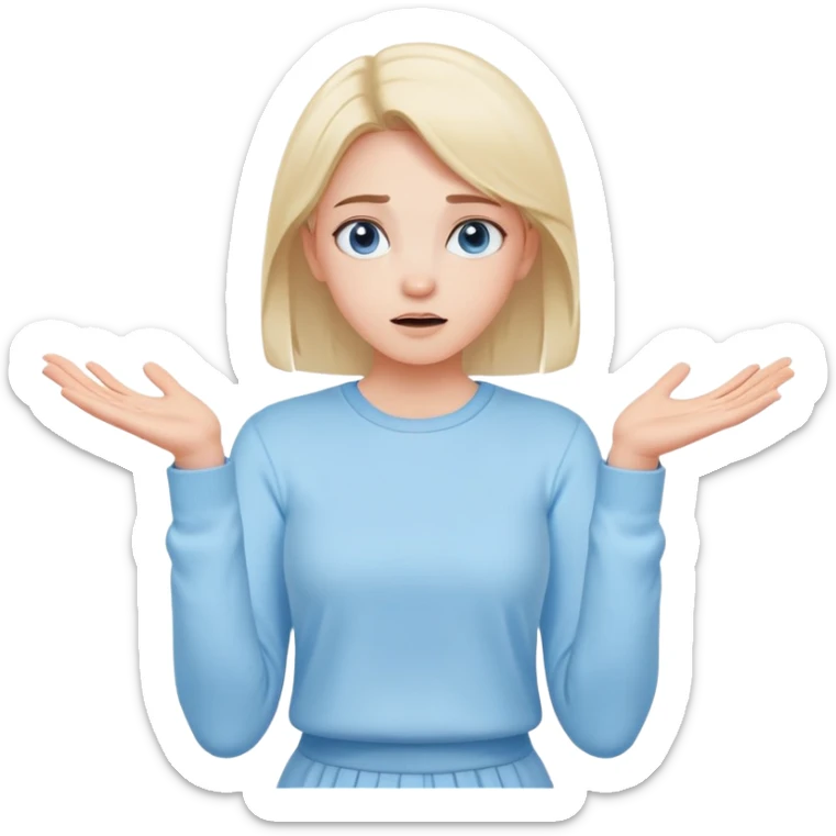 girl wearing pastel blue clothes shrugging with hands spread in an "I don't know" gesture sticker