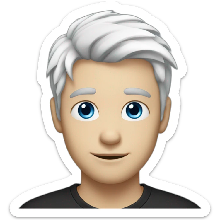 A young man with a white hair and blue eyes, with a black t-shirt sticker