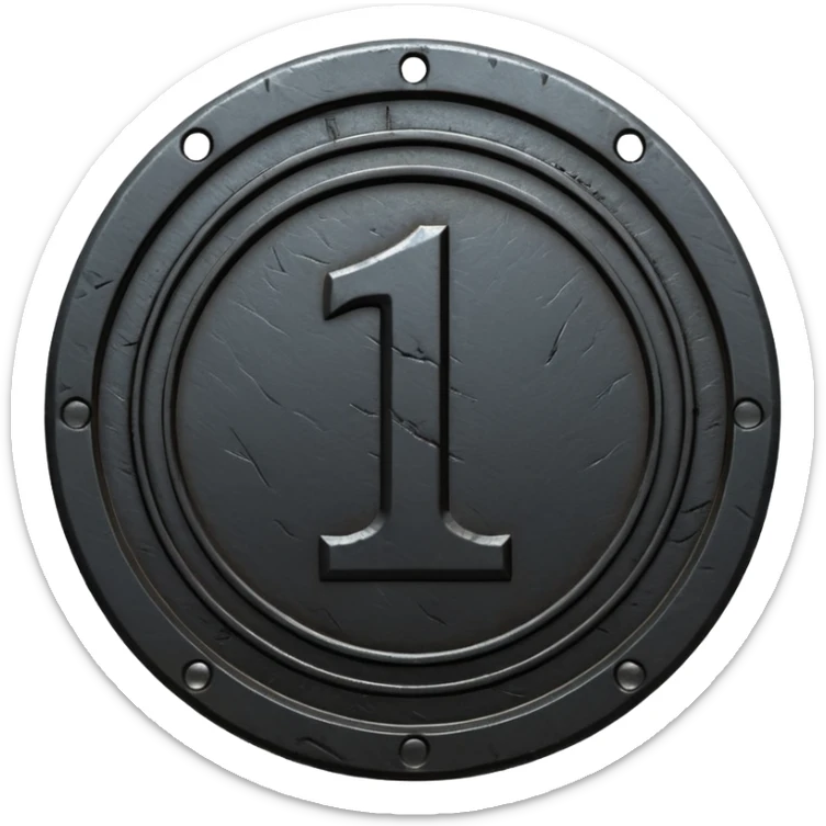 Minimal emoji, gothic metal coin made of black steel, engraved number 1 at the center, ancient industrial aesthetic, worn metal texture, no glow, no neon, flat emoji design, centered, transparent background sticker