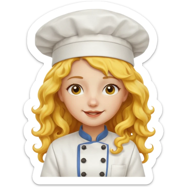 girl, yellow Long curly hair, happy, wearing chef uniform and chef hat sticker
