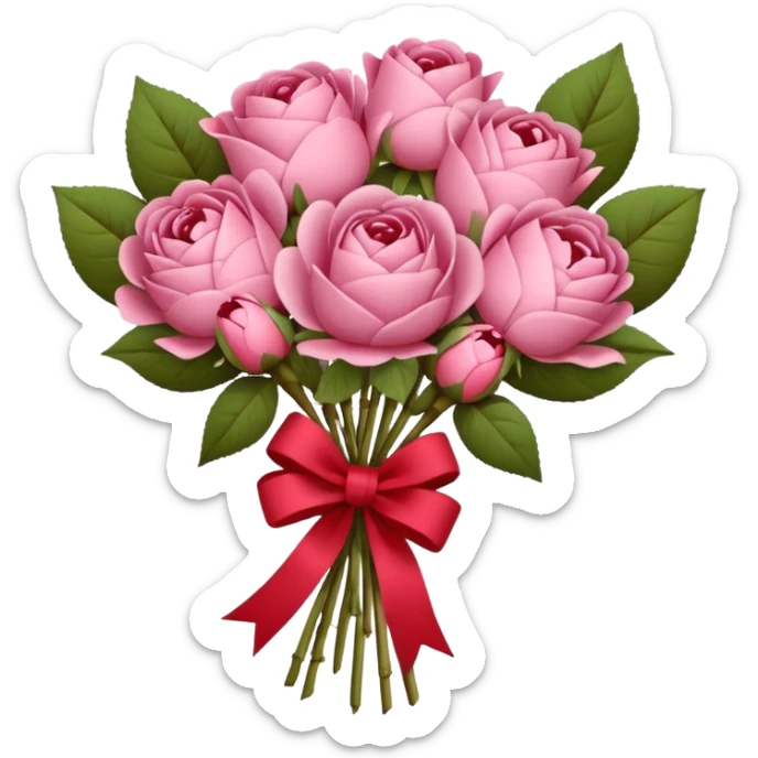 Bouquet of pink flower like rose and peony wrapped in kraft paper with red bow sticker