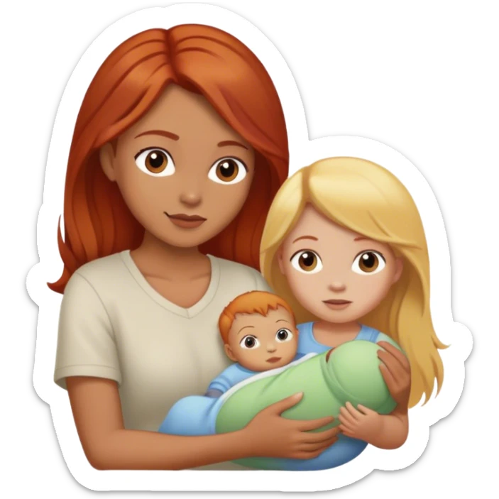 A woman with brown hair, a baby with red hair and a child with blonde hair  sticker