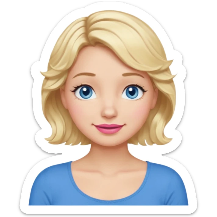 Girl Blonde short wavy hair,  blue eyes, cute blue top, long lashes, pink lips, smiling, 🤦🏻‍♀️ sticker