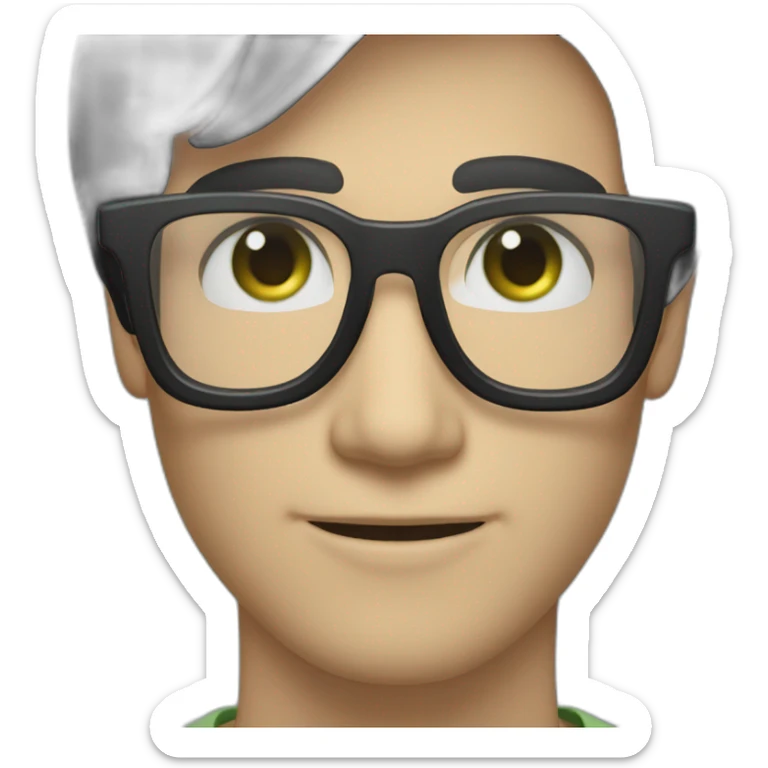 White man with clear glasses frames,swoopy black straight hair, blue-green eyes, smiling sticker