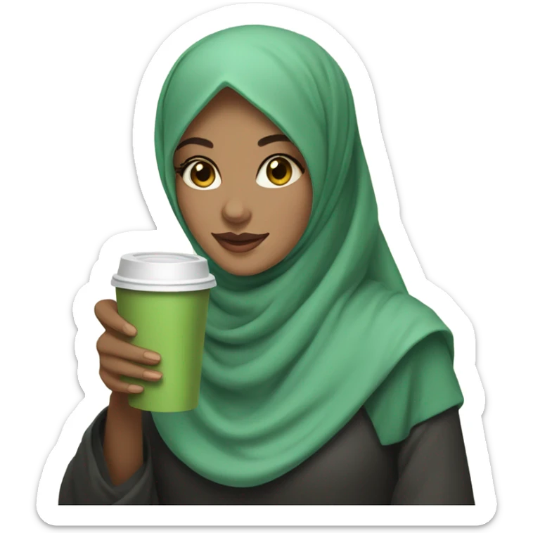 A girl in a hijab with a fair face and brown eyes holds matcha coffee in her hands sticker