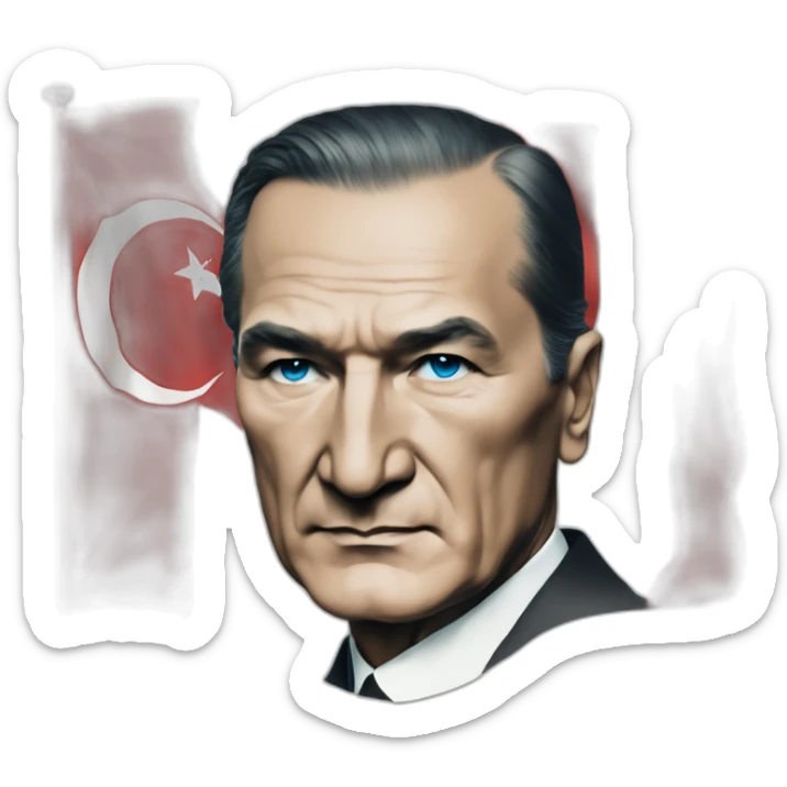a portrait of mustafa kemal ataturk with blue eyes looking at turkey flag sticker
