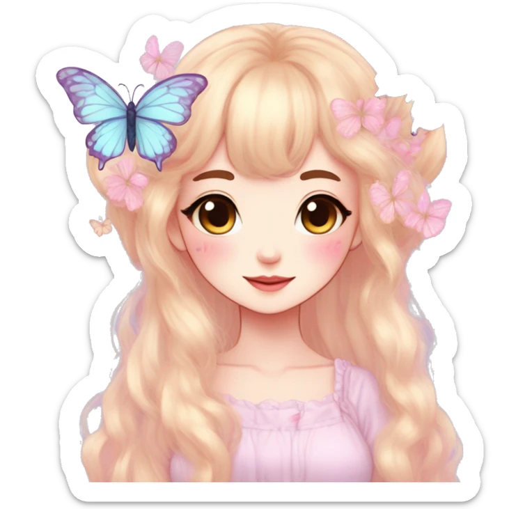 Cute kawaii gorgeous pretty anime cartoon pastel lady with butterflies and beautiful hair fairycore cottagecore sticker