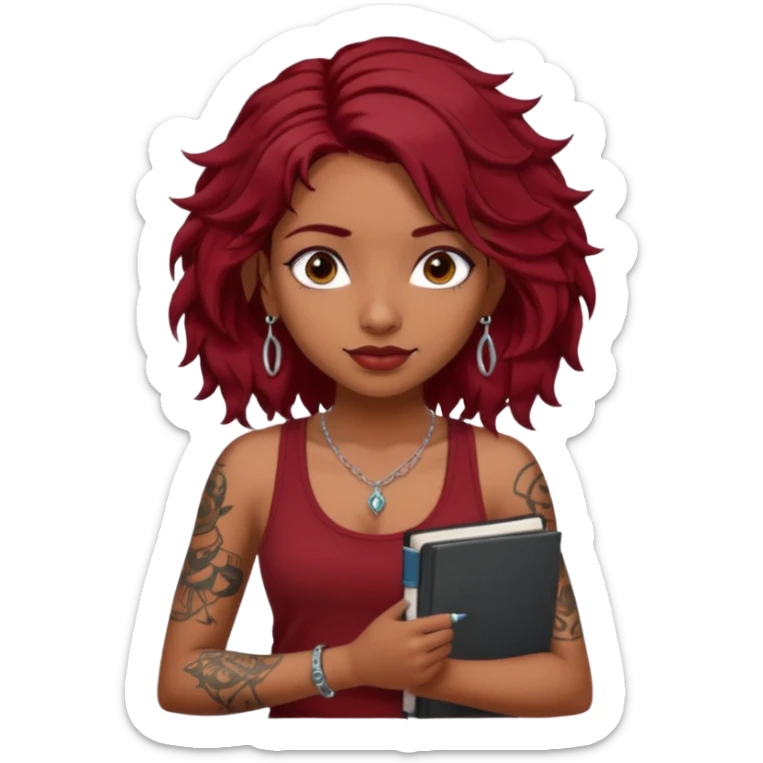 a pretty tan indian bratz girl with messy dark wavyred hair, wearing a dark red tank top, layered silver necklaces. Carrying multiple sketchbooks and pens, tattoos on arm sticker